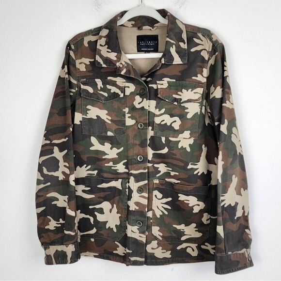 Sanctuary Camo Utility Jacket Shacket Pockets Stretch Button Front Size M - Picture 13 of 14
